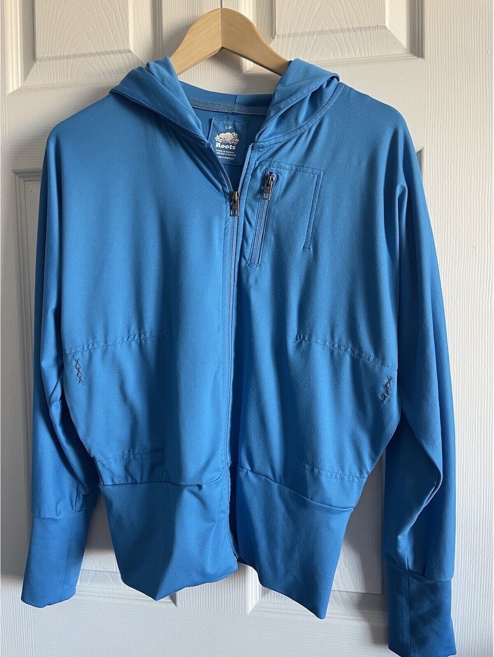 ROOTS Hoodie Women Sz S Blue Full Zip Pockets Logo Zipper Stretch